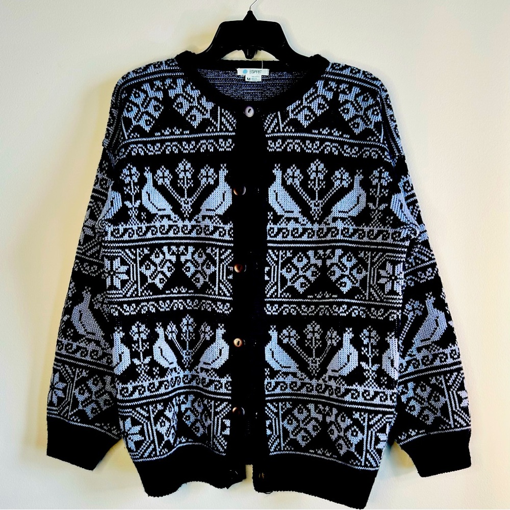 Esprit Navy Blue Norwegian Style Cardigan, Pheasant Bird Design, Medium